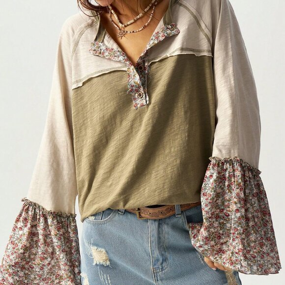multicolor Casual Women's Boho Loose Fit flared sleeve top - Picture 5 of 8